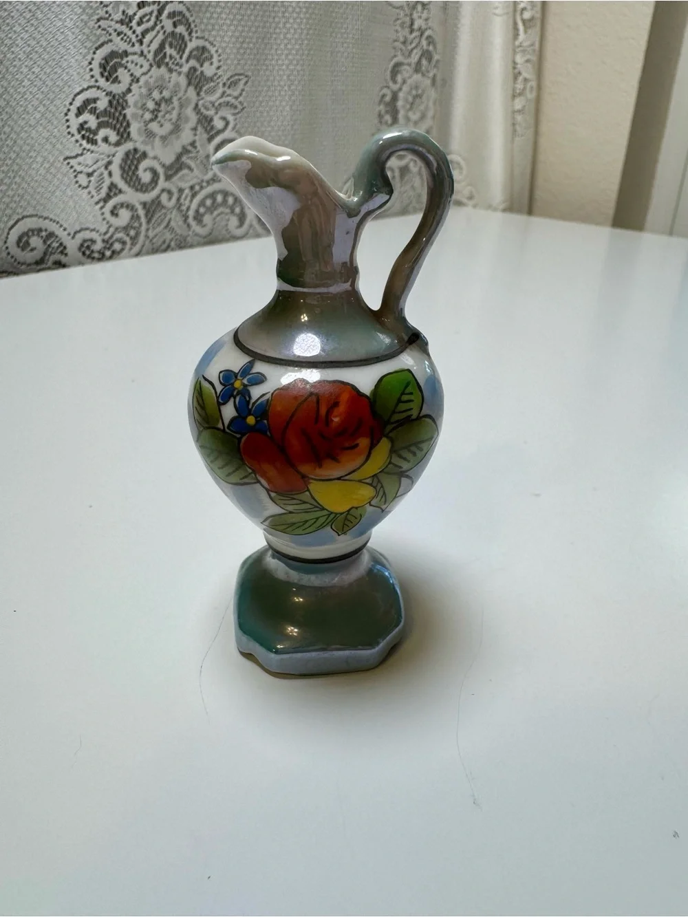 Vintage Hand-Painted Ceramic Pitcher Vase with Floral Motifh/ Made in Japan